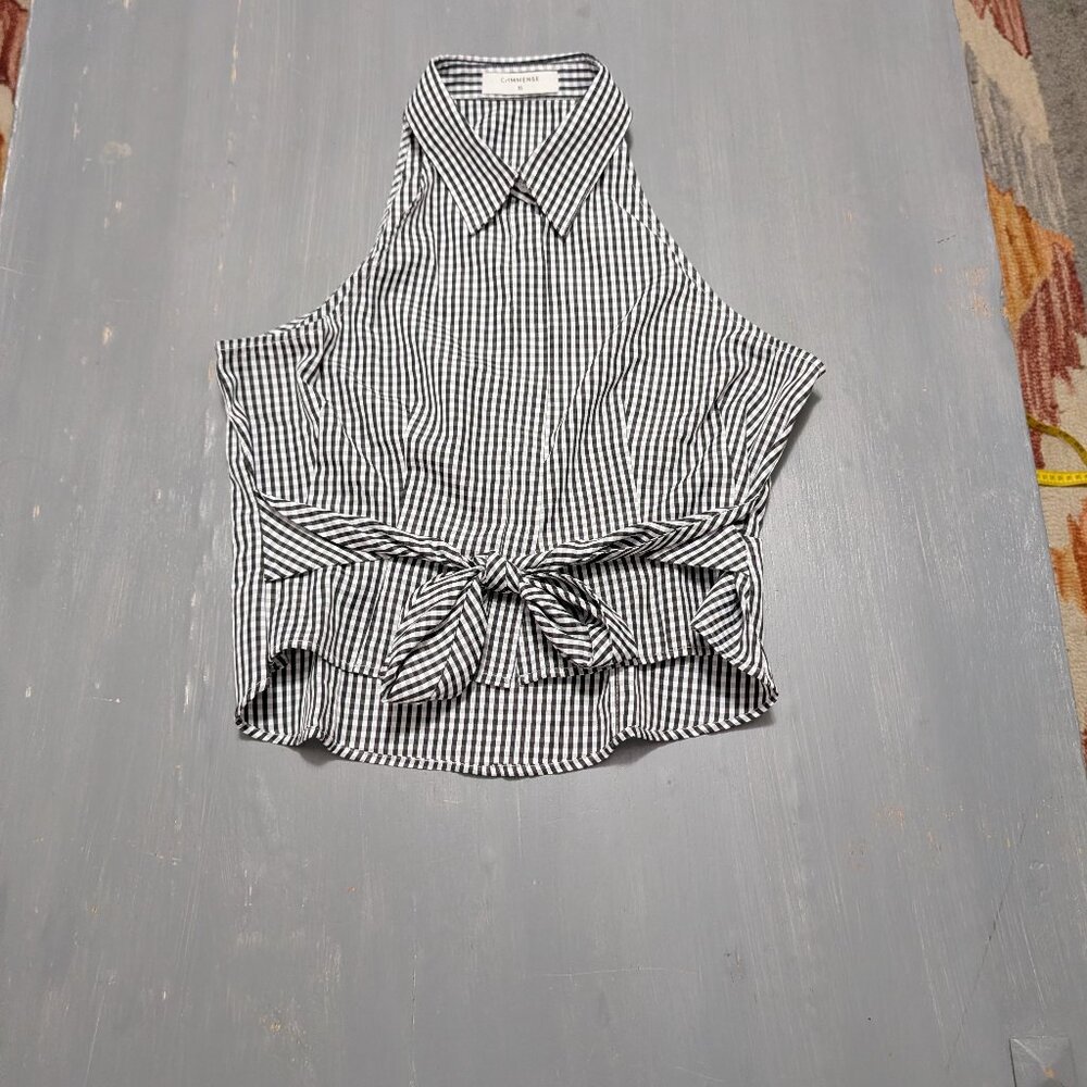 Commense Black & White Gingham Collared Tie-Front Halter Top